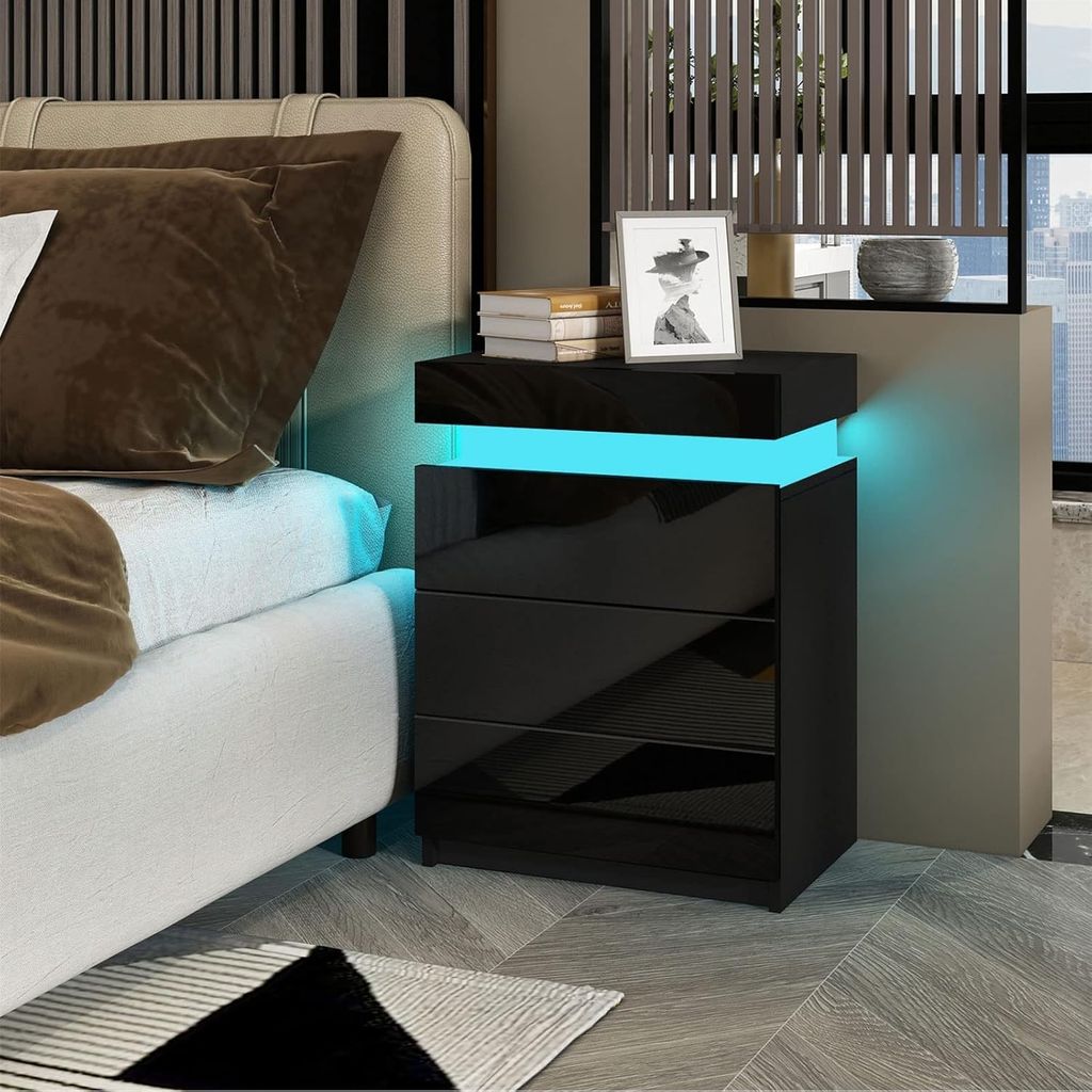 LED Nachttisch,Schwarz Front Hochglanz Nachtschrank, Produktbild 