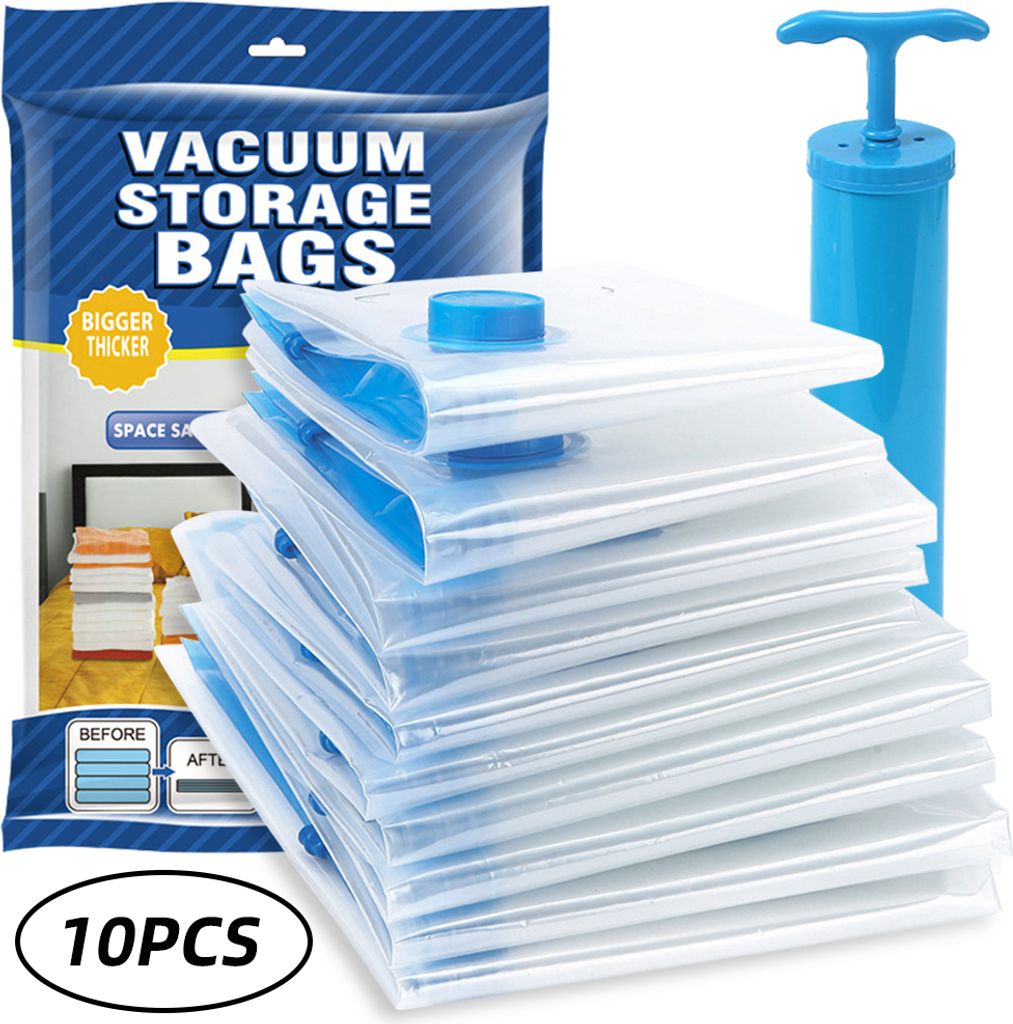 10 STueCKE Vakuum-Aufbewahrungsbeutel, platzsparend, dick, wiederverwendbar, kein Auslaufen, mit Handpumpe fuer Kleidung, Decke, Steppkissen, Aufbe...