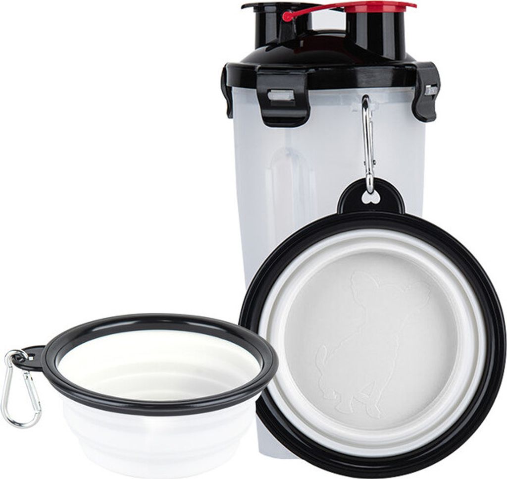 Hundereise-Wasserflasche, 2 in 1 tragbarer Hundewasserspender und Futterbehälter mit 2 zusammenklappbaren Schüsseln weiß (eine Tasse2 Schüsseln)