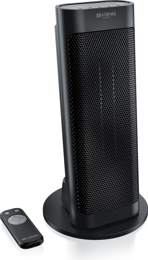 A black electric heater and its remote control are displayed against a white background.