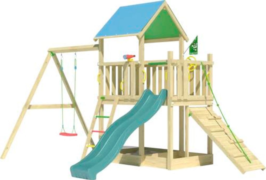 Einzelschaukel Spielhaus mit Stelzen Jungle Gym 451 x 295 cm Holz bestehend aus 1 Brettschaukel, Rutsche, Handgriff, Lei