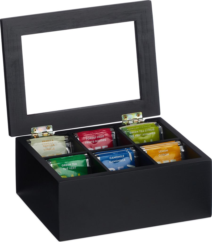 relaxdays Schwarze Teebox mit 6 Fächern