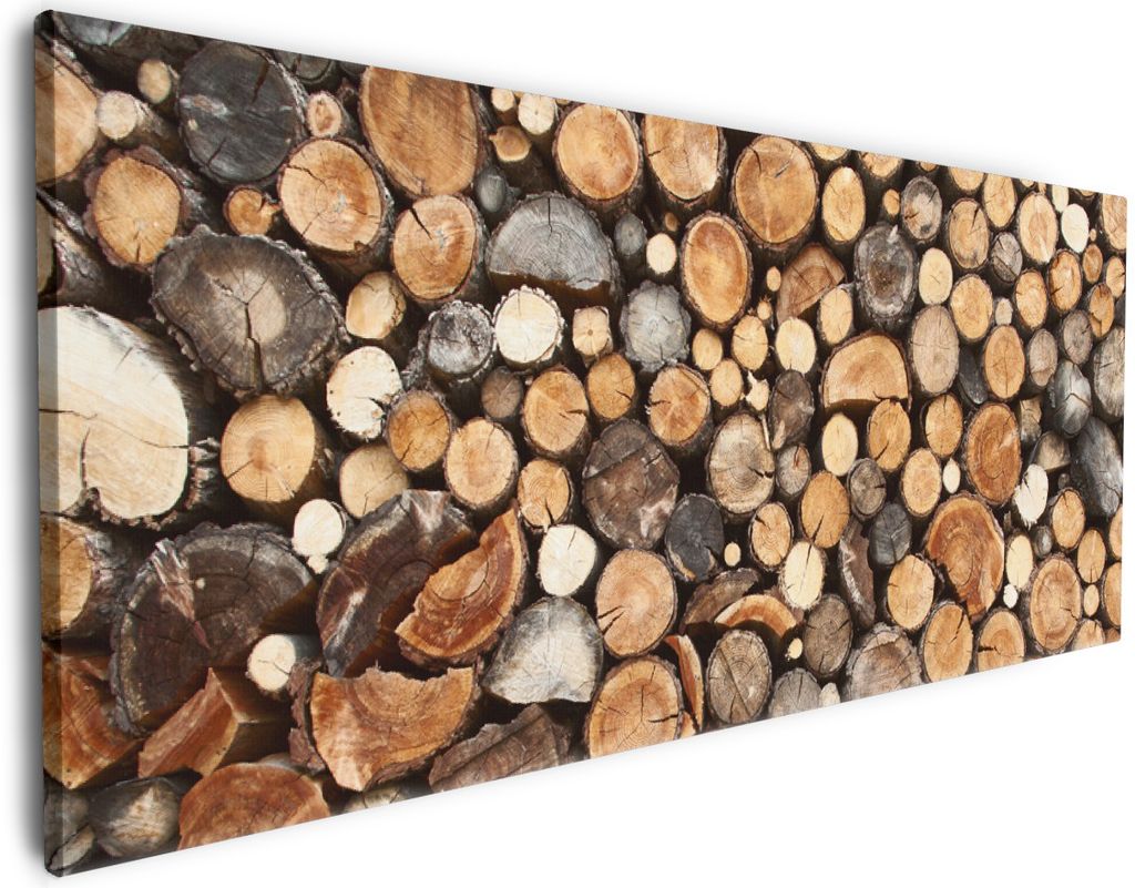 Wallario Premium Leinwandbild Dunkler Holzstapel rund in Größe 60 x 150 cm
