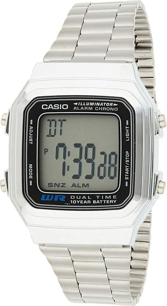 A close-up studio shot of a silver digital Casio watch.