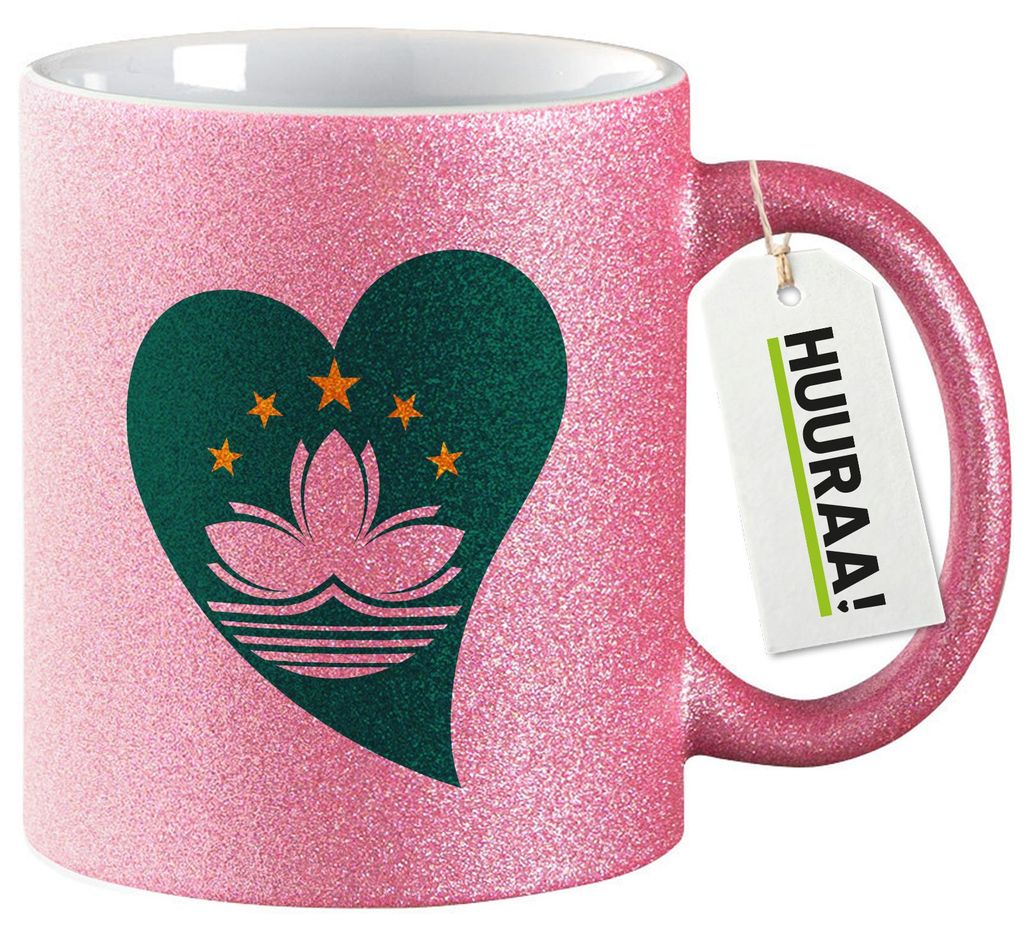 Huuraa Glitzertasse Macau Flagge Herz 330ml Pink Keramik Kaffeebecher Geschenkidee