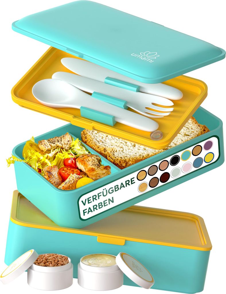 Umami All-in-1 1,2L Bento Lunchbox Erwachsene mit Besteck, 2 Saucenbehältern als Brotdosen Salat, Snack Bento Box, Auslaufsicher Brotdose Erwachse...