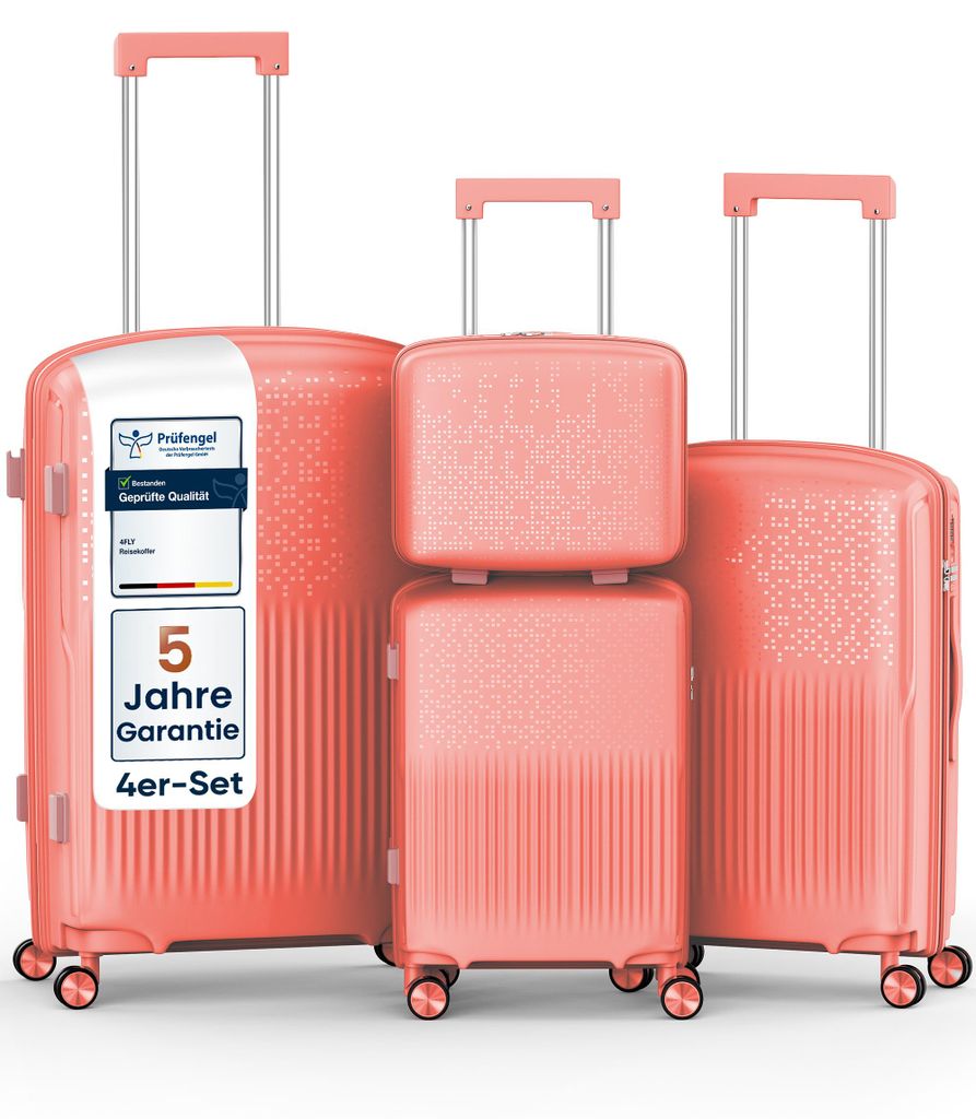 4FLY Hartschalen Reisekoffer Set 4-teilig (S/M/L/XL) – mit TSA-Schloss, 4 Spinner-Doppelrollen, Kosmetiktasche, Handgepäck & Aufgabegepäck