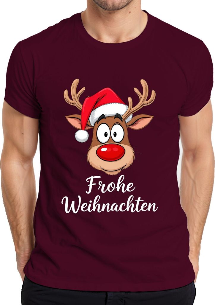 Frohe Weihnachten Rentier Rudolf Cartoon Niedlich Lustig Geschenk Herren T-Shirt, Burgundy, 3XL