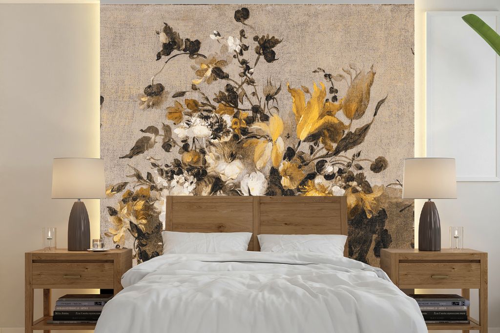 MuchoWow Fototapete für Wohnzimmer oder Schlafzimmer Wandtapete Vinyl Motivtapete Blumen - Alte Meister - Gelb - 300x300 cm - Wanddekoration