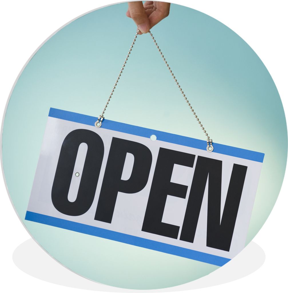 MuchoWow Rundes Wandbild - Runde Bilder Eine Hand, die ein Schild mit der Aufschrift "Open" hochhält Ø 90 cm Kreis Wanddekoration Kunststoff - ...
