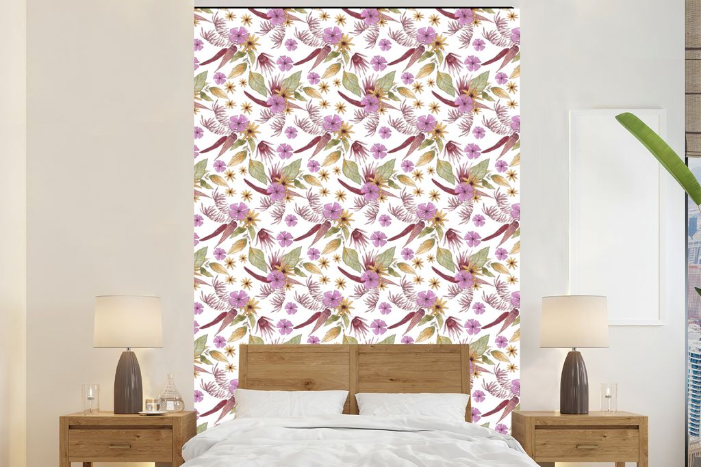 MuchoWow Fototapete für Wohnzimmer oder Schlafzimmer Wandtapete Vinyl Motivtapete Blumen - Blätter - Lila - 195x300 cm - Das Hintergrundbild