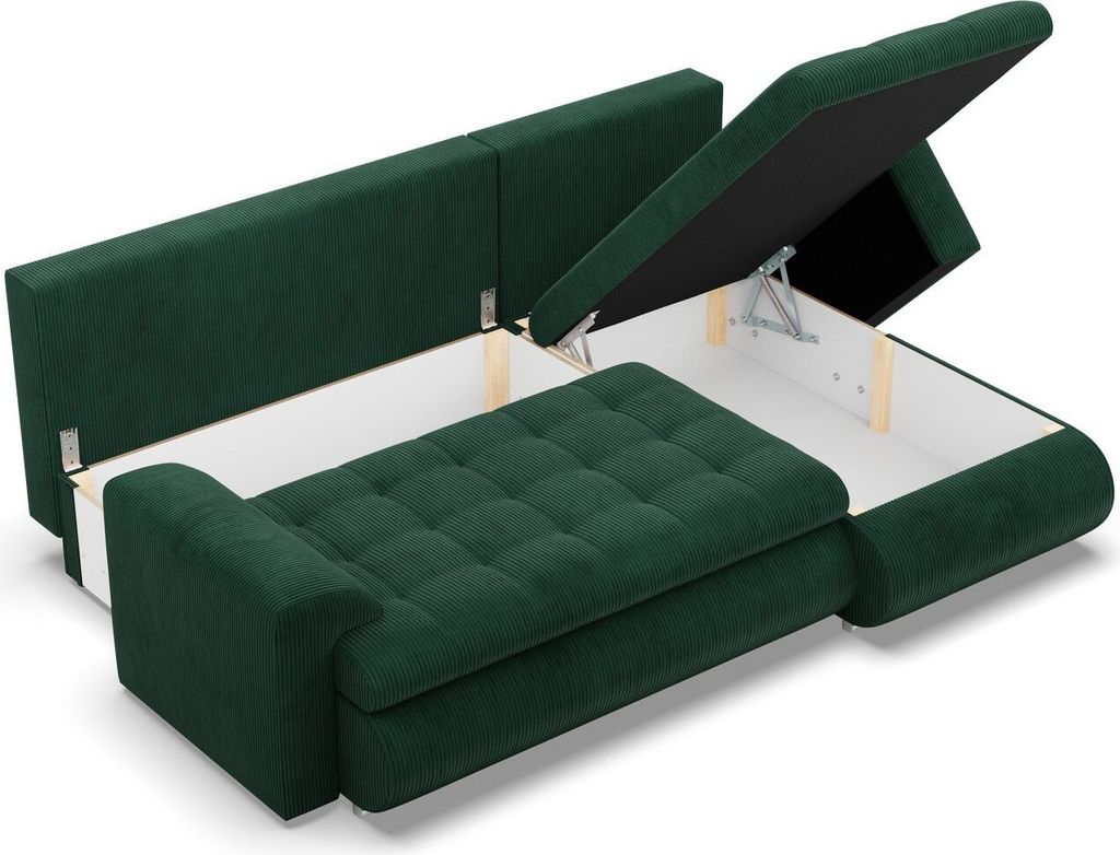 A dark green sofa with its storage compartment open, revealing the interior.