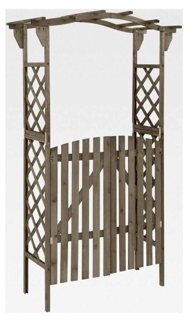 Massive Tannenholz-Pergola mit Tor und Rosenbogen, Rankhilfe, Spalier, Gartenbogen, Gartentor (116x40x204cm, Grau)