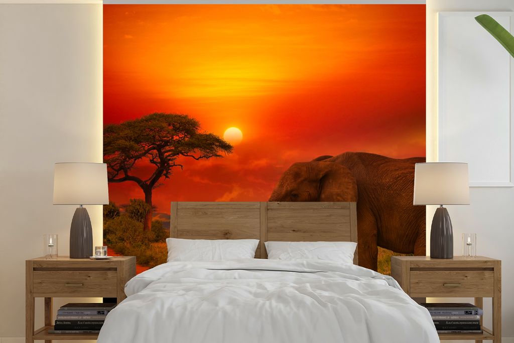 MuchoWow Fototapete für Wohnzimmer oder Schlafzimmer Wandtapete Vinyl Motivtapete Elefant - Sonnenuntergang - Orange - Savanne - Tiere - 350x350...