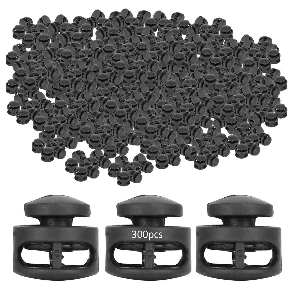 300 Stück Doppelloch-Federschnurschlösser, abgeflachte runde Form, Nylon-Bekleidungszubehör