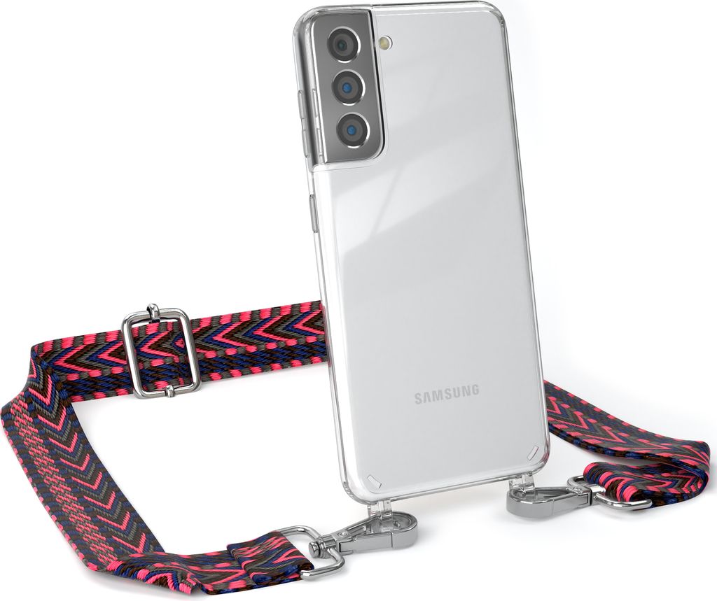 EAZY CASE Handykette - Verstellbarer Trageriemen kompatibel mit Samsung Galaxy S21 5G, Handykordel mit transparenter Silikon-Hülle, Band in Rosa
