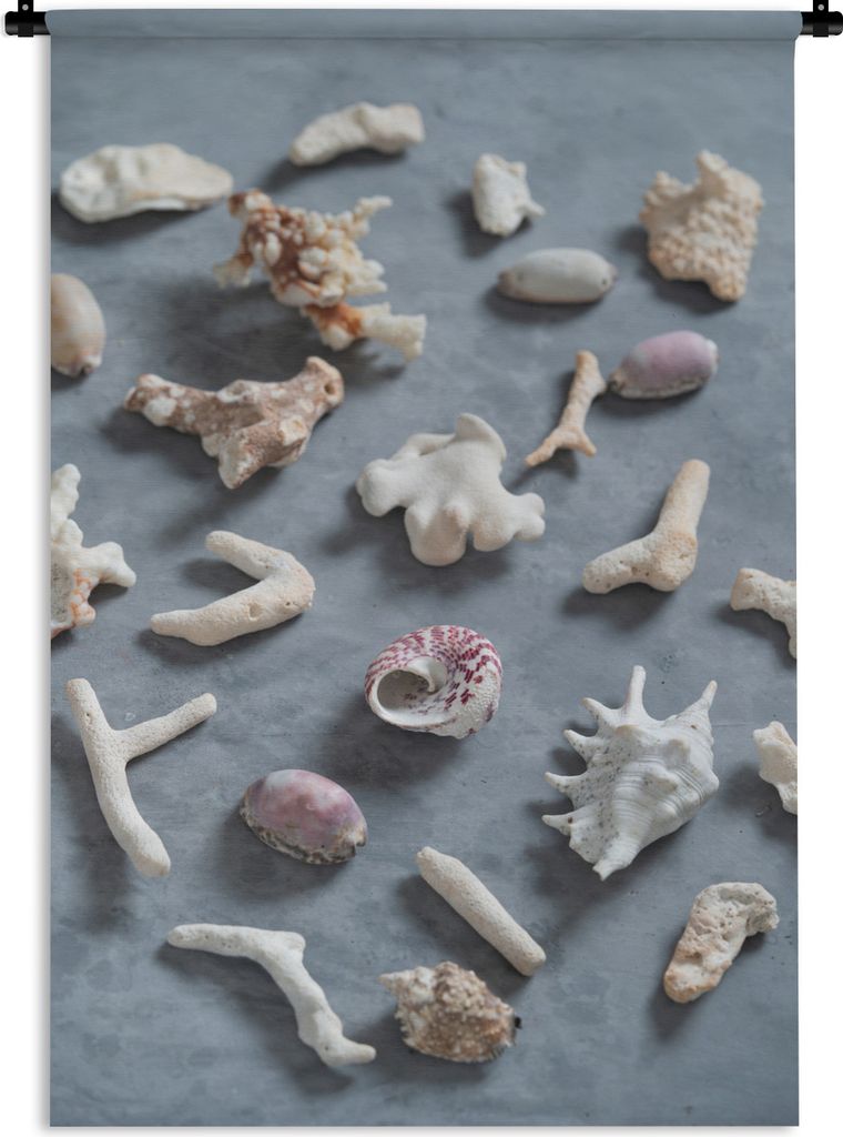 MuchoWow Wandteppich Wandbehang Muscheln - Grau - Koralle 60x90 cm Tapisserie Dekoration Wandtuch - Foto-Teppich - Abwaschbar