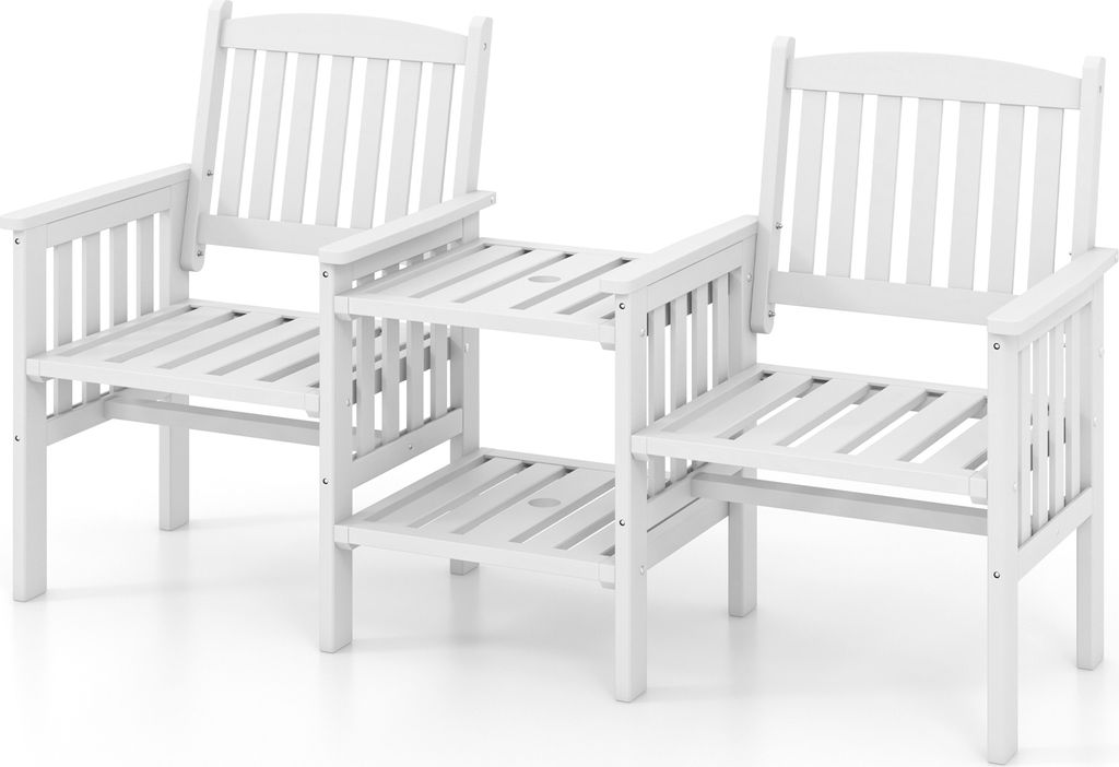 COSTWAY Gartenbank mit Tisch, 2-Sitzer Bank Sitzbank Gartenstuhl mit 5cm Schirmloch, Holzbank Parkbank bis 330kg 165x60x88cm Weiß