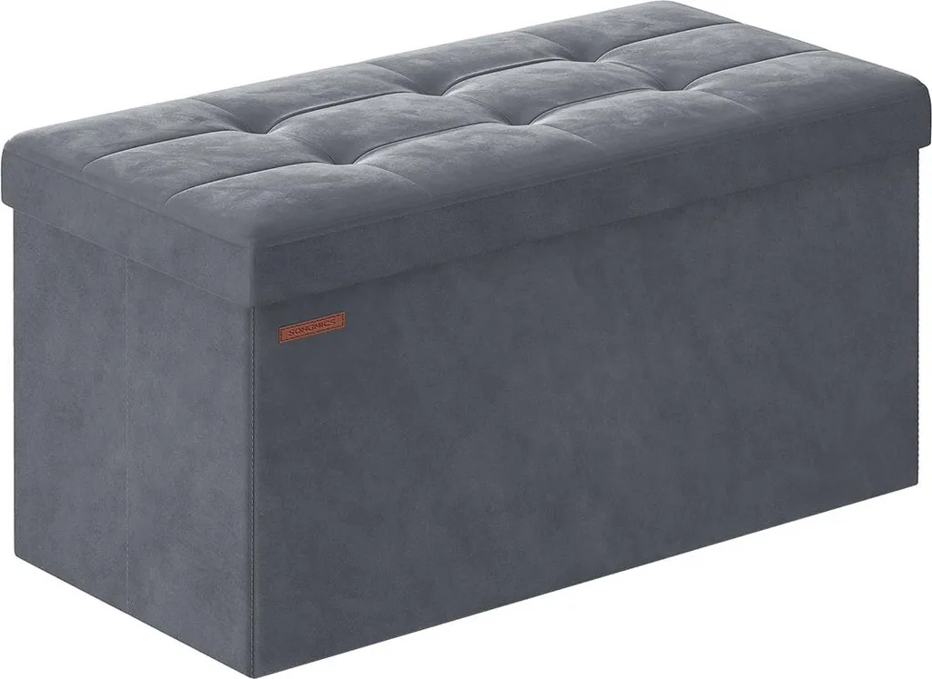 Banquette de rangement velours gris ardoise, assise rembourrée 110cm