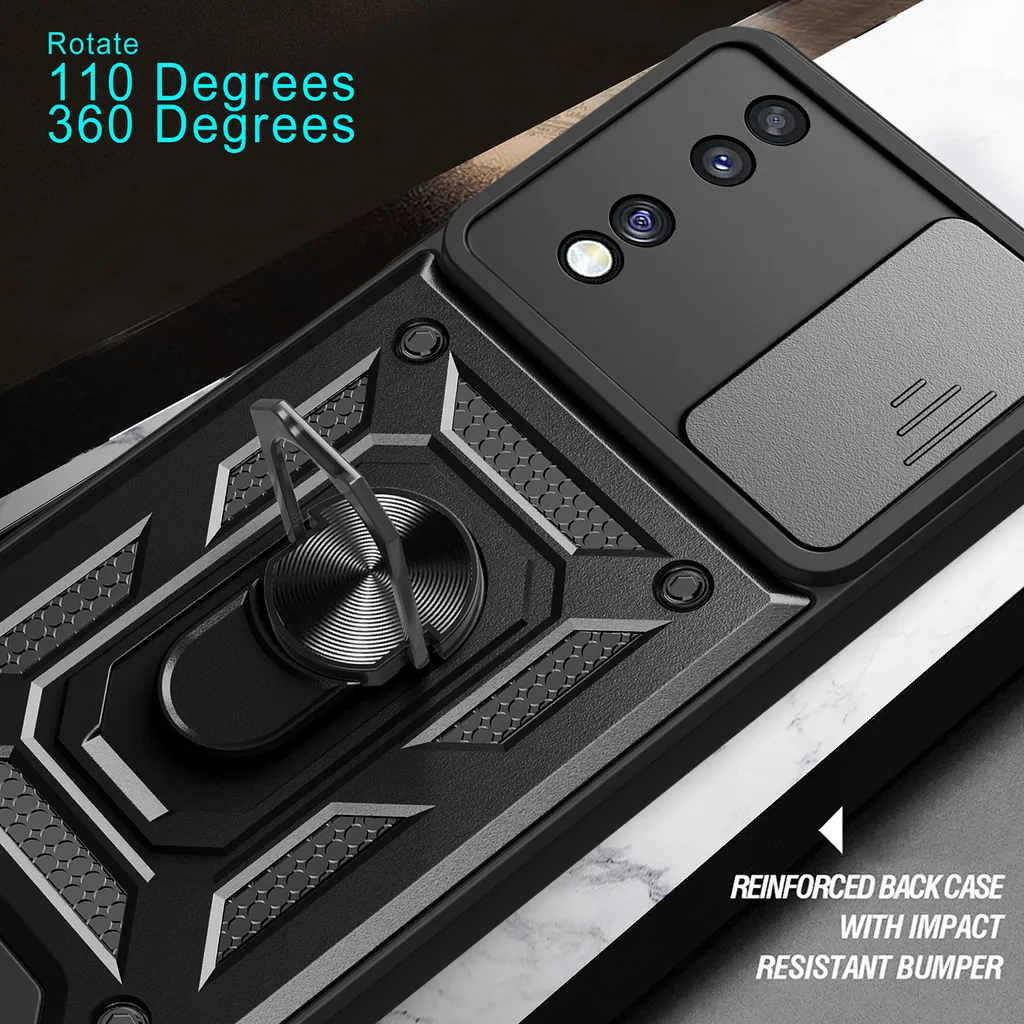 Custodia Honor X7 Con Sportellino A Scorrimento Per Fotocamera | Cover Antiurto Con Anello Porta E Supporto | Nero