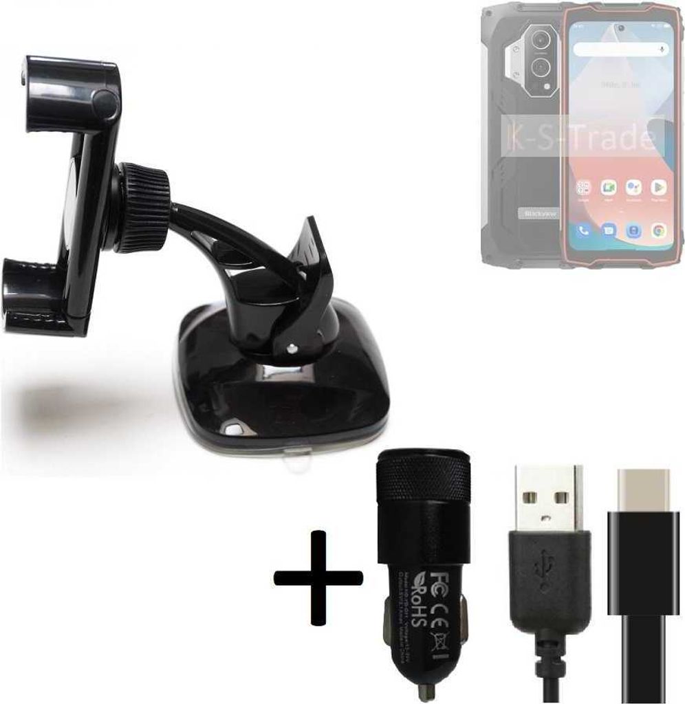 K-S-Trade Handy-Halterung kompatibel mit Blackview BV9300 Windschutzscheibe / Armaturenbrett + LADEGERÄT mit Mico USB Kabel Autohalterung