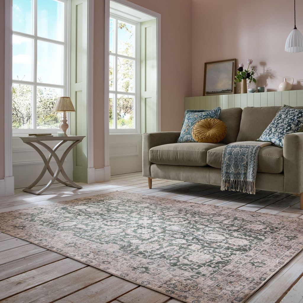Waschbarer Teppich Vintage Floral Muster, Orientalisch, Esszimmer schmutzabweisend Grün Rechteckig 190x290 | 100% Polyester, Rücken aus 100% Misc...