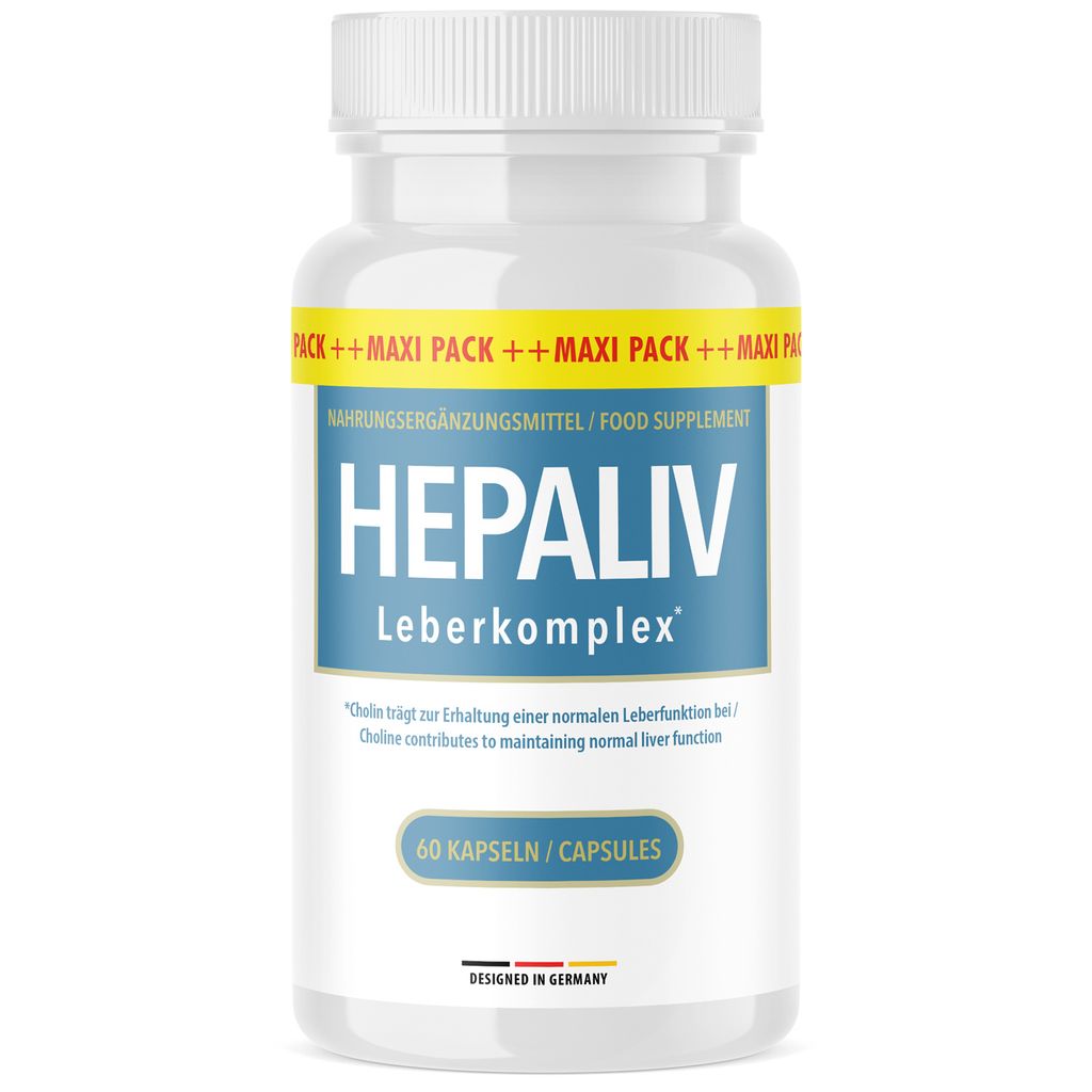 A white bottle of Hepaliv Leberkomplex food supplement against a white background.