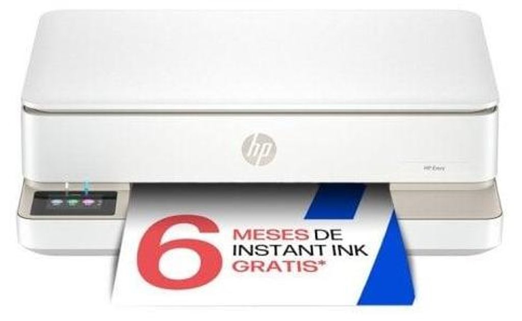 A white HP printer with a promotional banner showing "6 MESES DE INSTANT INK GRATIS".