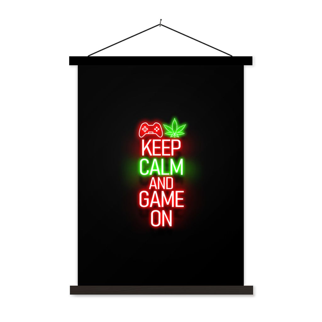 MuchoWow Textilposter Gaming - Neon - Ruhe bewahren und weiterspielen - Rot - Text 60x80 cm mit schwarzem Rahmen - Plakathalter