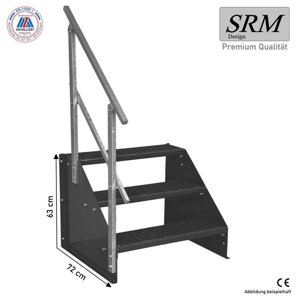 3 Stufen Standtreppe Modell 1 freistehend komplett anthrazit Treppe Stahltreppe Breite 160 cm Höhe 63 cm 1x Geländer