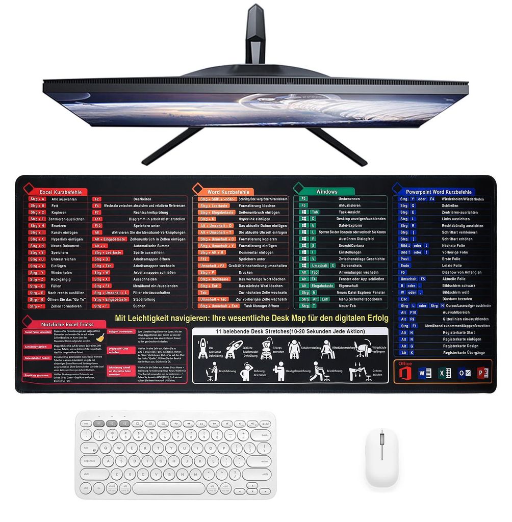 Excel-Schreibtischunterlage, XXL (deutsche Größe), Mauspad 900 x 400 mm, Schreibmatte, Schreibtischunterlage für Word, PowerPoint, Excel, Spickz...