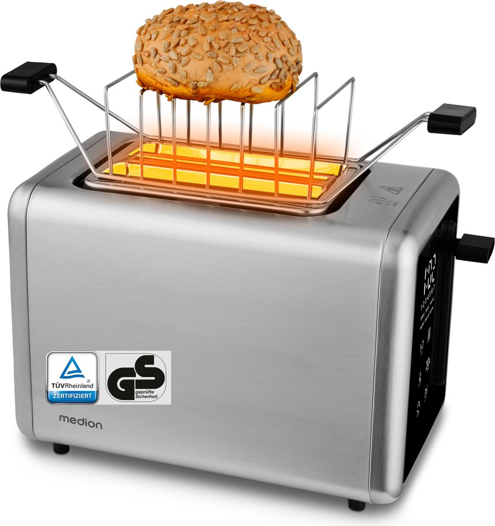 MEDION Toaster 2 Scheiben mit Brötchenaufsatz (7 Bräunungsstufen, 5 Automatikprogramme, 850 Watt, Auftauen, Aufwärmen, LED Sensor Touch Display,...