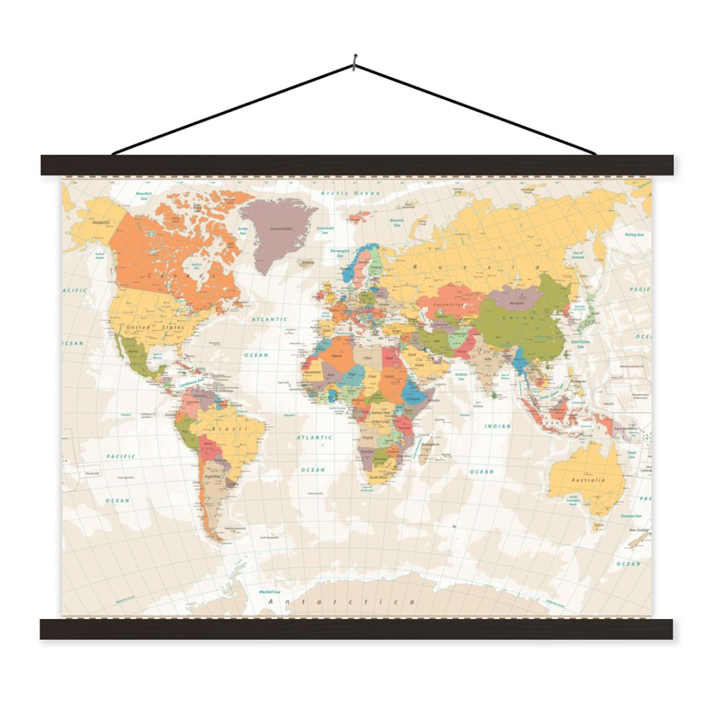 MuchoWow Textilposter Weltkarte - Retro - Farben - Pädagogisch - Statistisch 60x45 cm mit schwarzem Rahmen - Poster Schlafzimmer