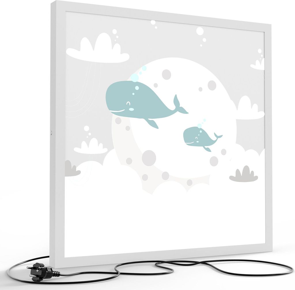DEQORI LED-Bild & Lampe 60x60 cm Weiß 'Mondreise mit Walen' Leuchtbild LED Leuchte