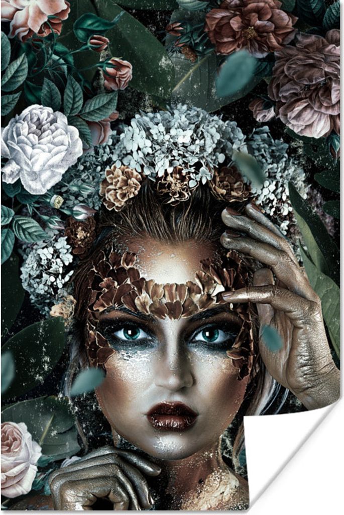 MuchoWow Poster Silber - Frau - Blumen 60x90 cm - Wanddekoration