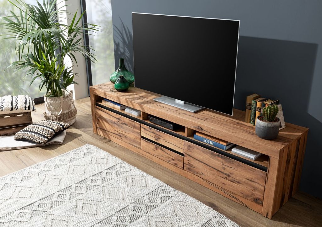 MASSIVMOEBEL24 TV-Board Wild-/Zerreiche 220x50x55 natur geölt MONTREUX #040
