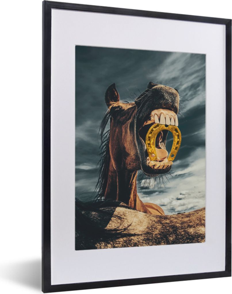 MuchoWow MuchoWow Gerahmtes Poster Pferd - Hufeisen - Gold - Mädchen - Kinder - Mädchen 30x40 cm - Poster mit zchwarzem Bilderrahmen - Wandpo...