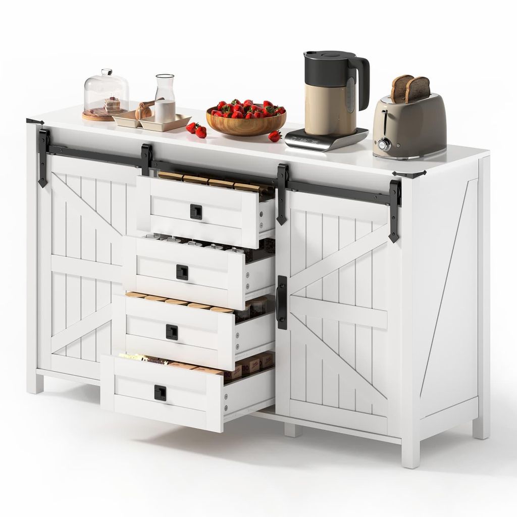 Sideboard mit Stauraum, 137cm breiter Seitenschrank mit Schiebetüren und 4 Schubladen, Vintage-Kaffeebar-Sideboard, geeignet für Küche, Esszimmer