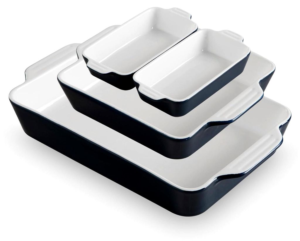 Keramik-Backformen-Set, rechteckige Auflaufform mit Griffen, tief für Lasagne, Gratin und Braten (Marineblau), 4 Stück