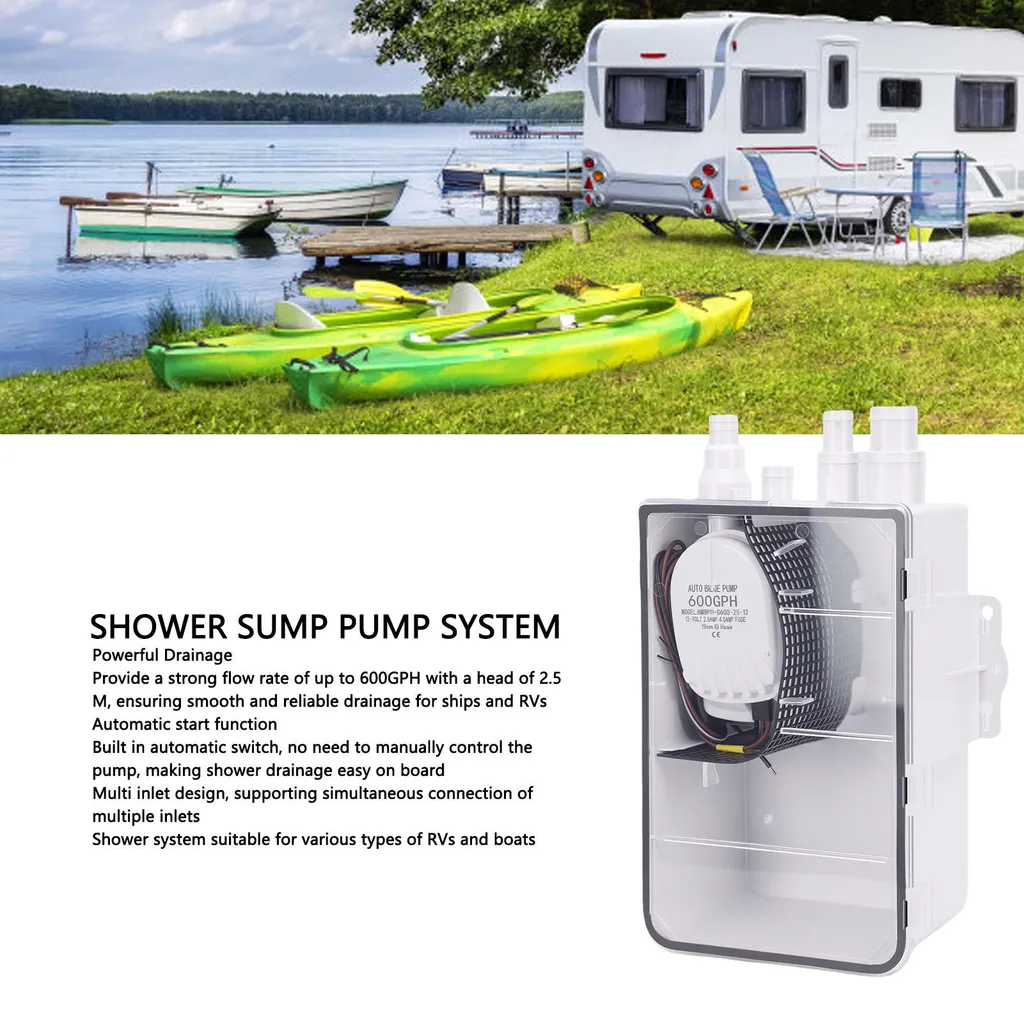 Pompe de Douche 12V 600 GPH à Raccords Multiples - Boîtier Compact et Robuste - 14