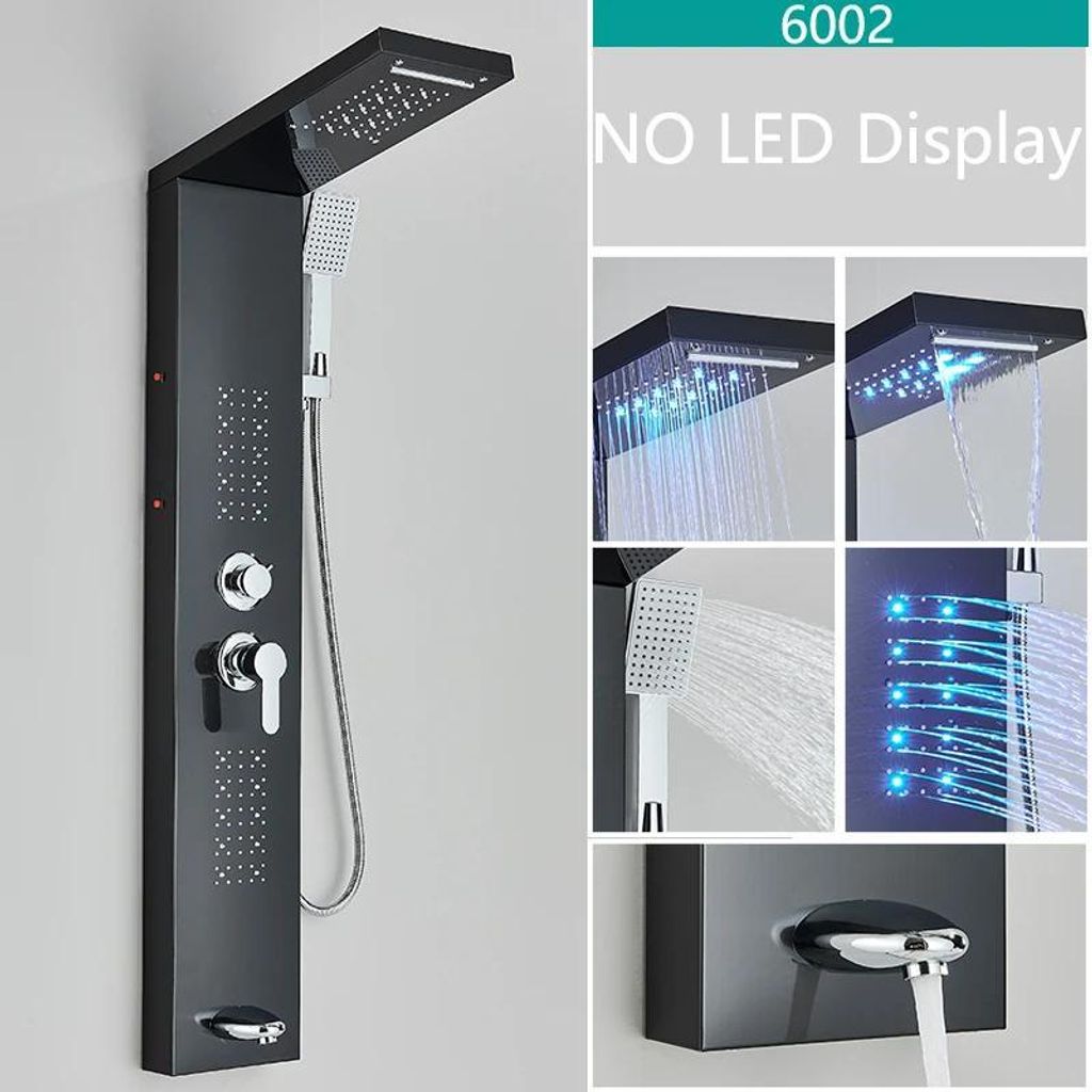 LED Duschpaneel - 6002 Duschsäule - Wasserfall & Regendusche - Massage-Düsen - Temperaturabhängige LED - Bidet-Handbrause - Mattschwarz
