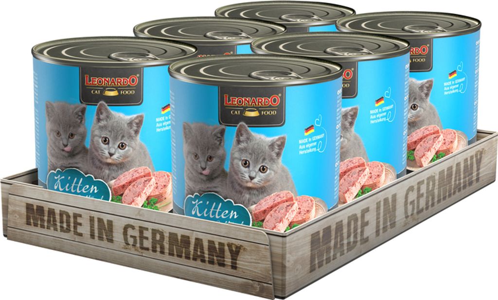 A six-pack of LEONARDO Kitten cat food cans in a wooden crate.