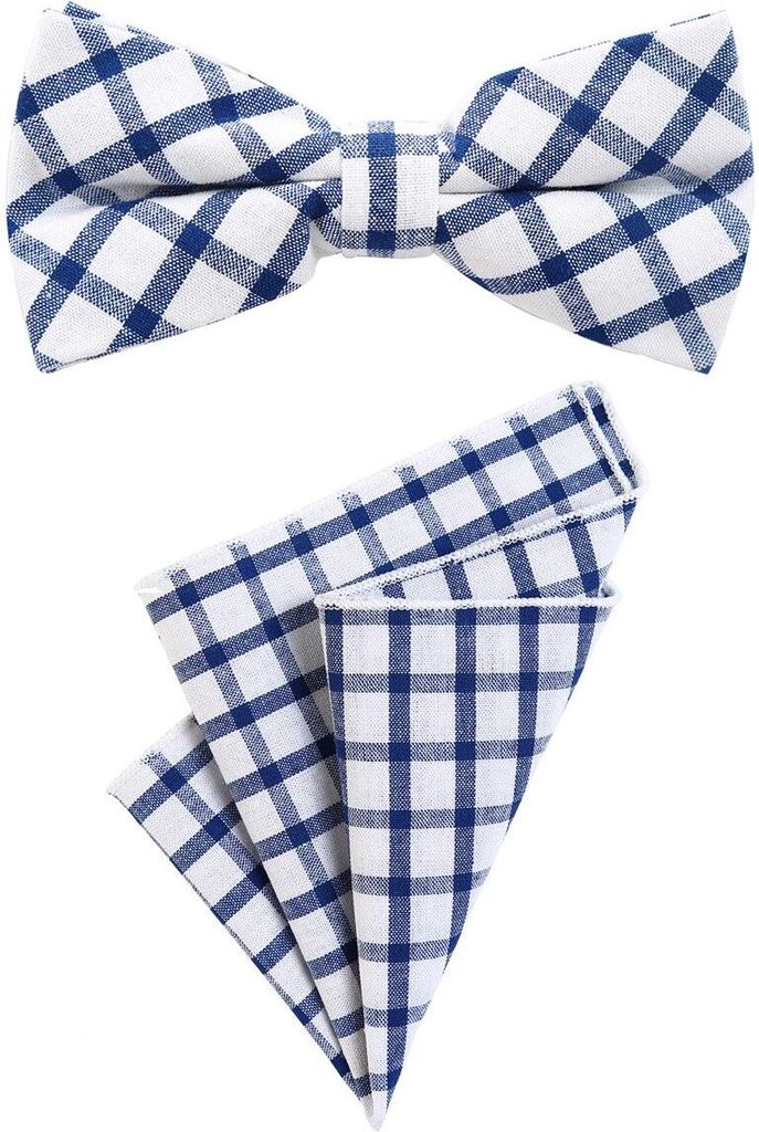 DonDon Herren Einstecktuch 23 x 23 cm im 2er Set mit farblich passender Fliege 12 x 6 cm weiß-dunkelblau kariert Karomuster Baumwolle
