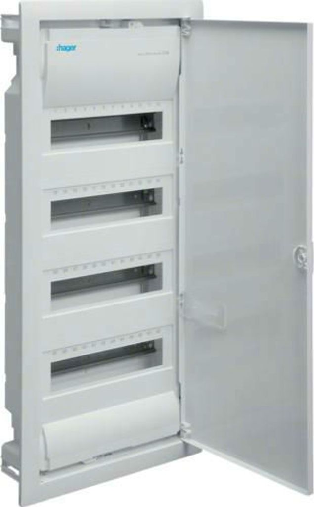 An open electrical distribution box with multiple compartments.