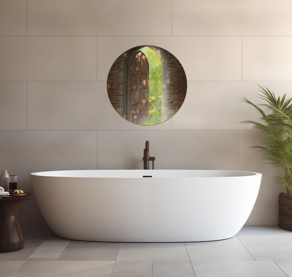 Wallario wasserfestes Poster selbstklebend 60 x 60 cm, Offene Pforte, Badezimmerposter Spritzschutz mit Hochglanzoberfläche in Glasoptik