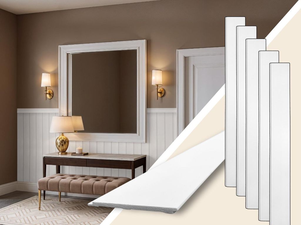 A hallway with a mirror, console table, bench, and wall paneling, with product samples in the foreground.