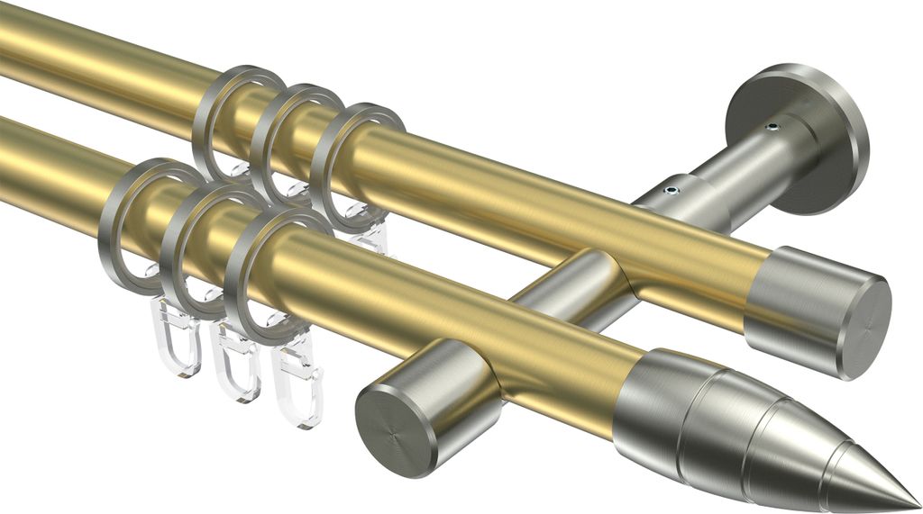 Interdeco Gardinenstange / Vorhangstange Messing-Optik / Edelstahl-Optik, Typ Prestige Samanto (Rillenpatrone), 20 mm Ø 2-läufig, 180 cm