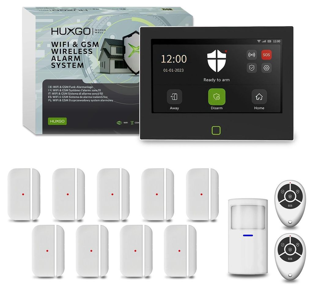 HUXGO Alarmanlage WLAN GSM 4G HXA700 7" 1 PIR + 9 Türsensor App Steuerung