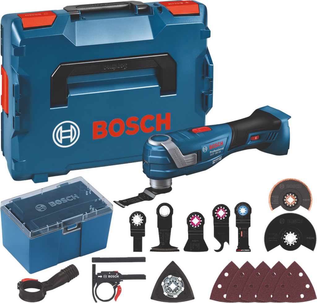A Bosch cordless multi-cutter tool set with its case and accessories, displayed on a white background.