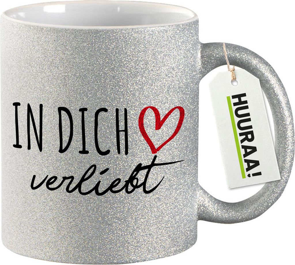 Huuraa Glitzertasse In dich verliebt 330ml Silber Keramik Kaffeebecher Geschenkidee